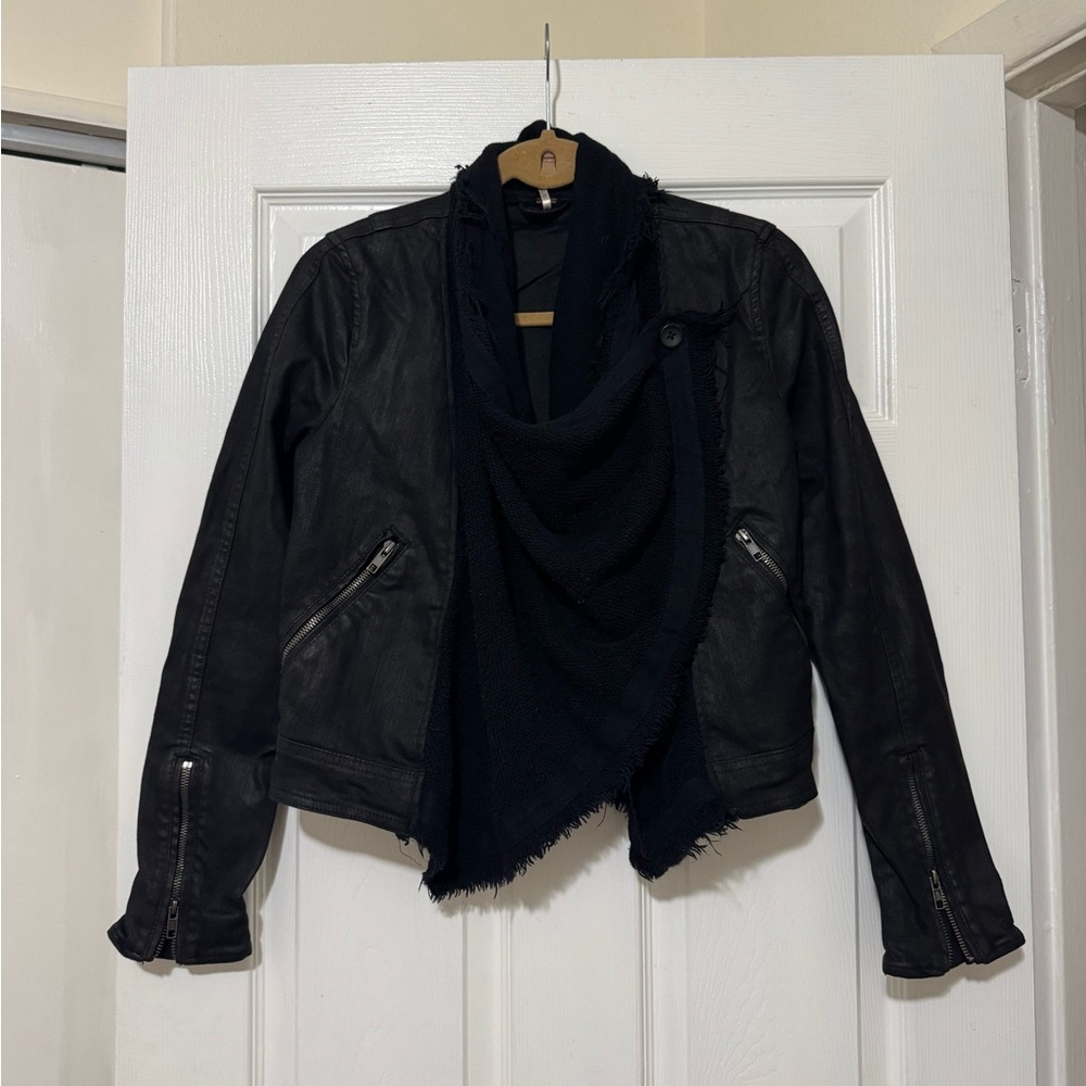 Free People Draped Moto Waxed Denim Biker Jacket Size 4